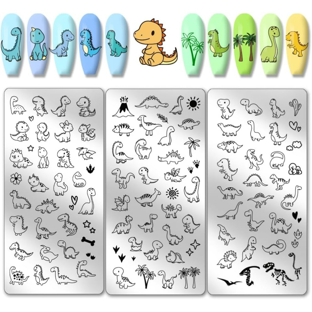 Nail Art Stamping Kit - 3 ชิ้นไดโนเสาร์แผ่นปั๊มเล็บไดโนเสาร์น้อยน่ารักเล็บแม่แบบ Love Sun Plant Stencils